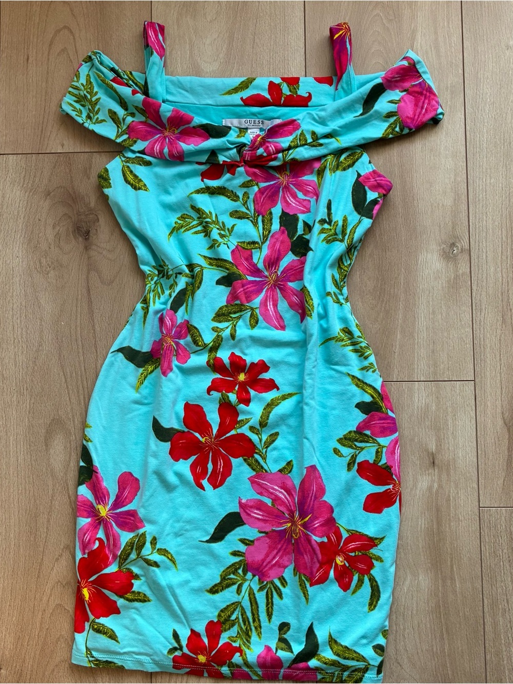 Guess Aqua Floral Off-Shoulder Sheath Dress y2k